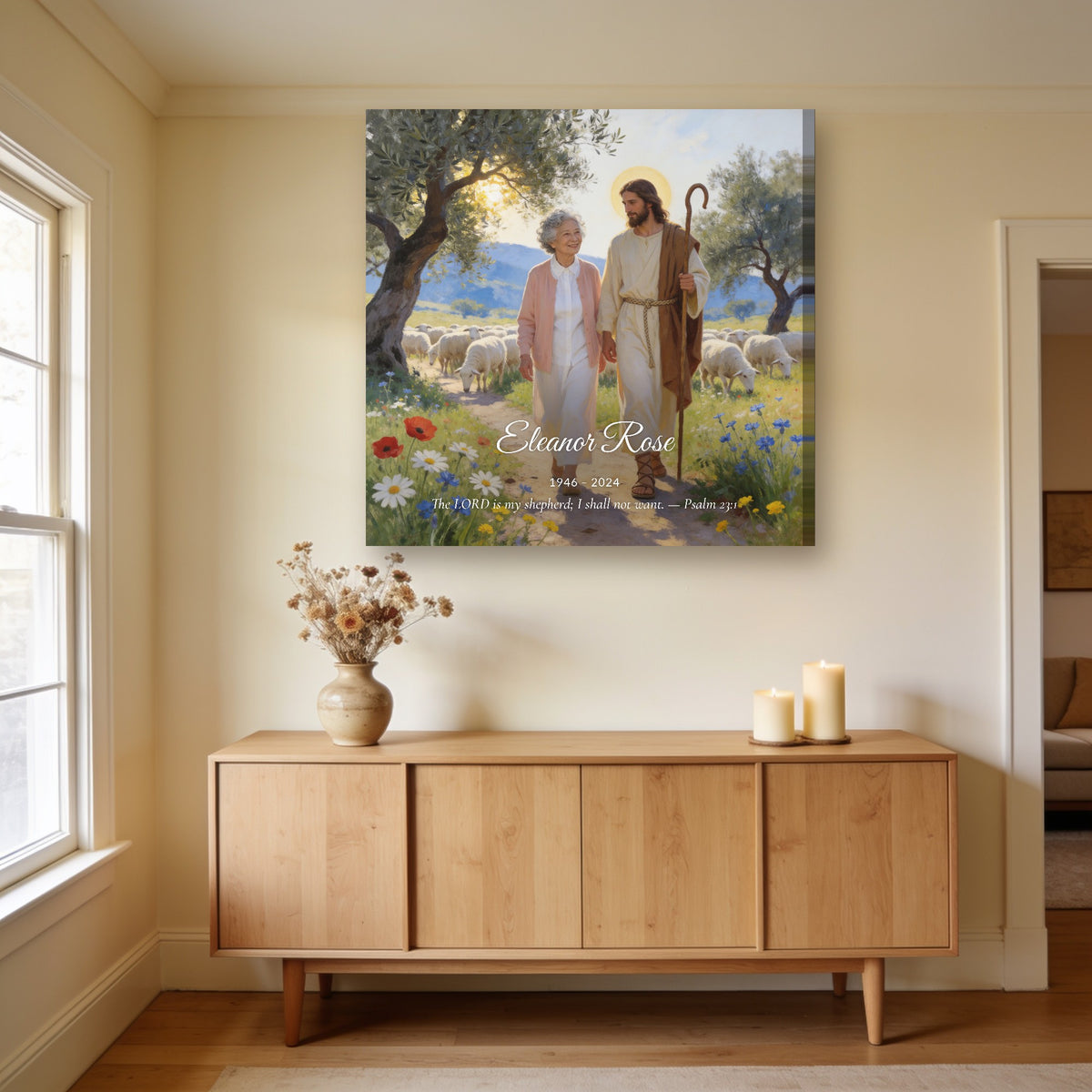 Personalized Good Shepherd portrait canvas hanging above a sideboard