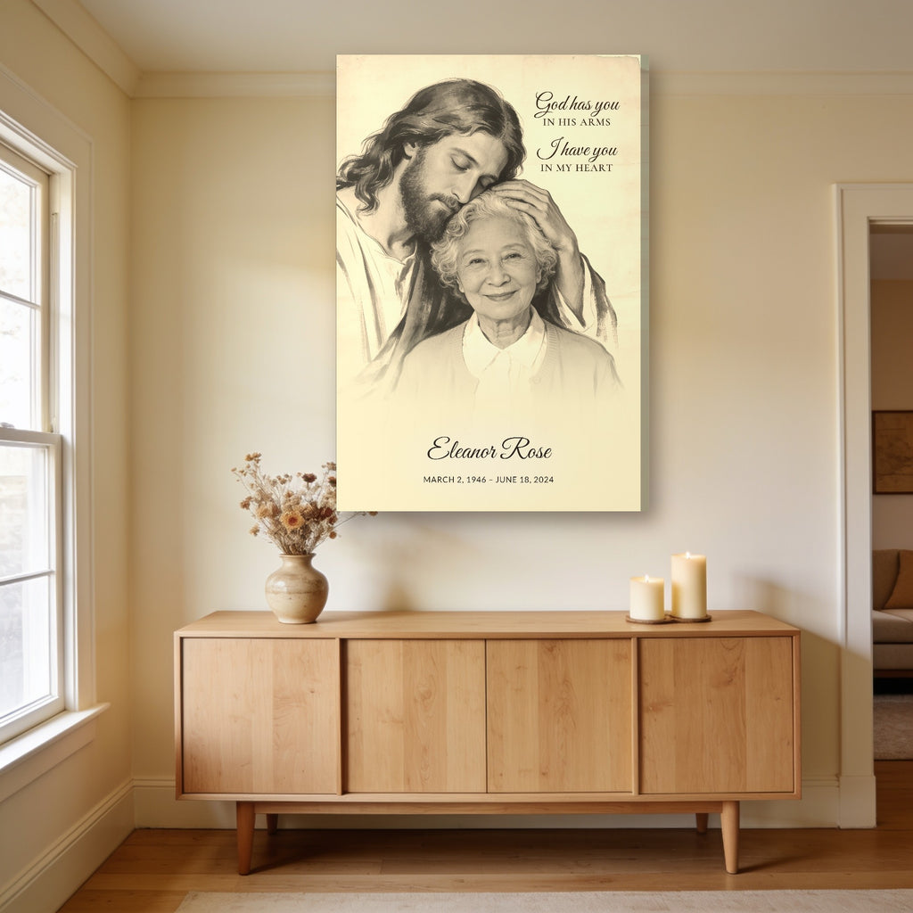 Safe in His Arms sepia memorial portrait canvas above a sideboard