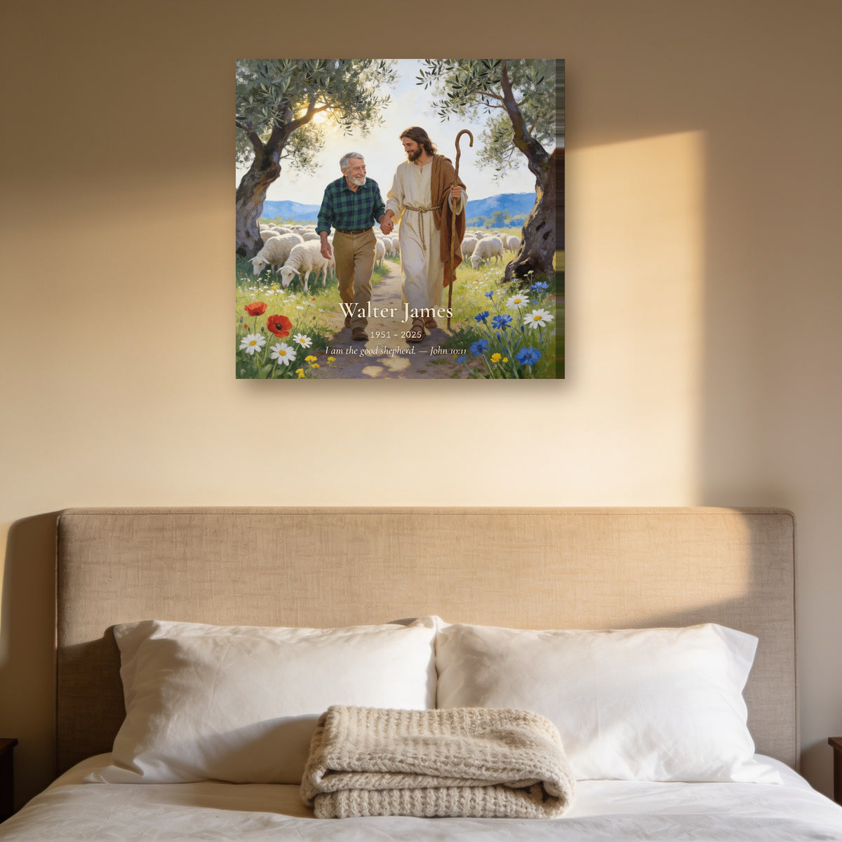 Personalized portrait with name and verse above a bed