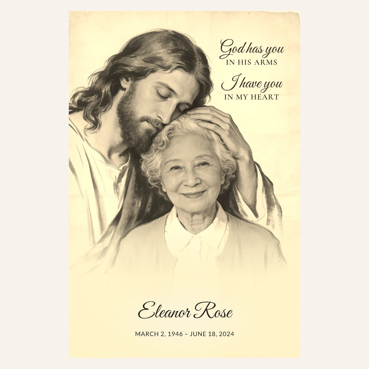 Close-up of the sepia portrait with verse and name lettering