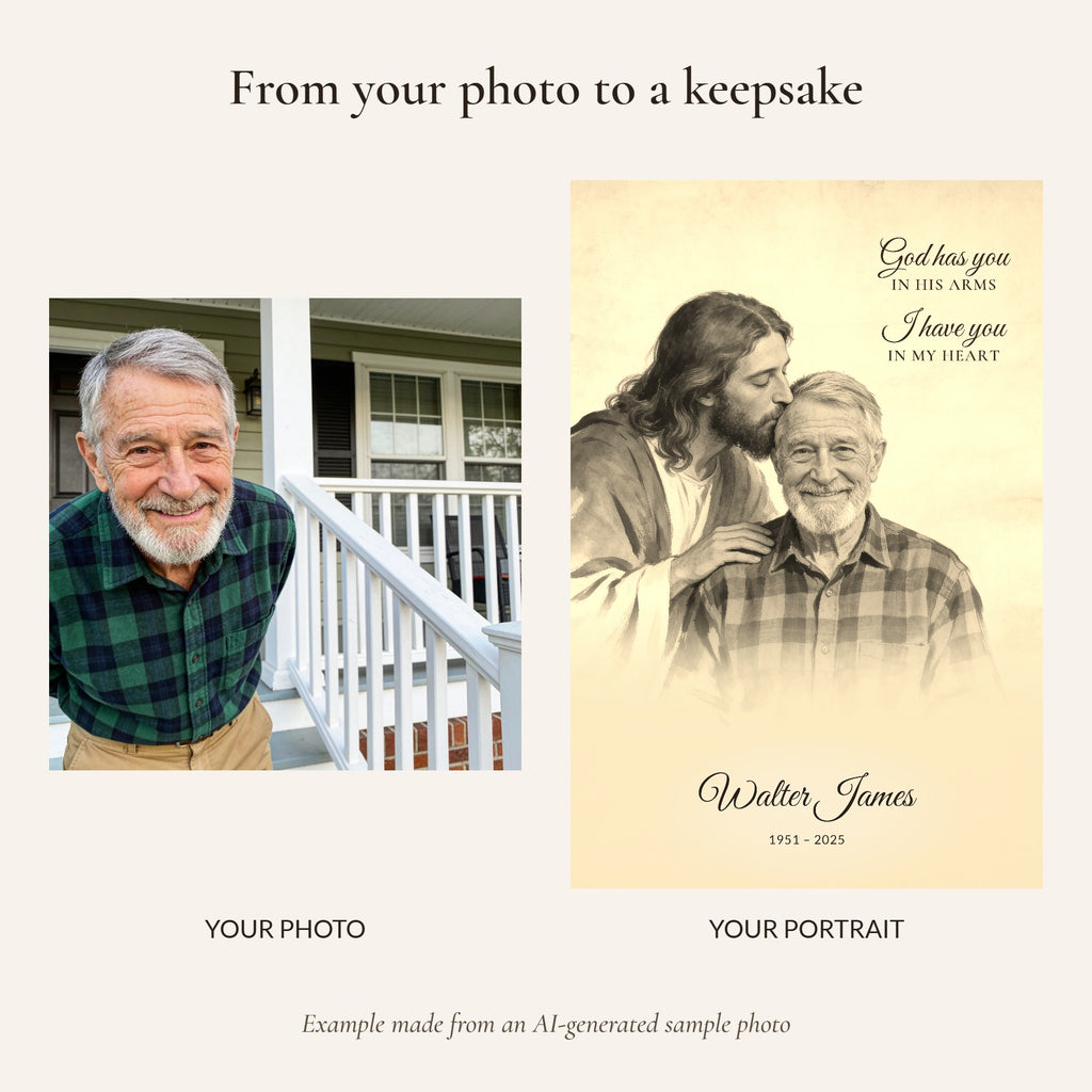 From your photo to a sepia memorial portrait, example made from an AI-generated sample photo