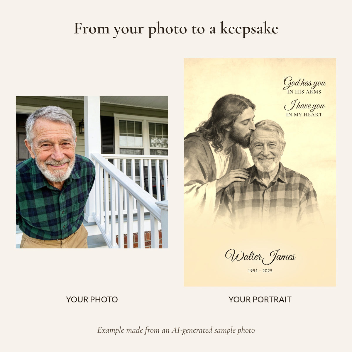 From your photo to a sepia memorial portrait, example made from an AI-generated sample photo