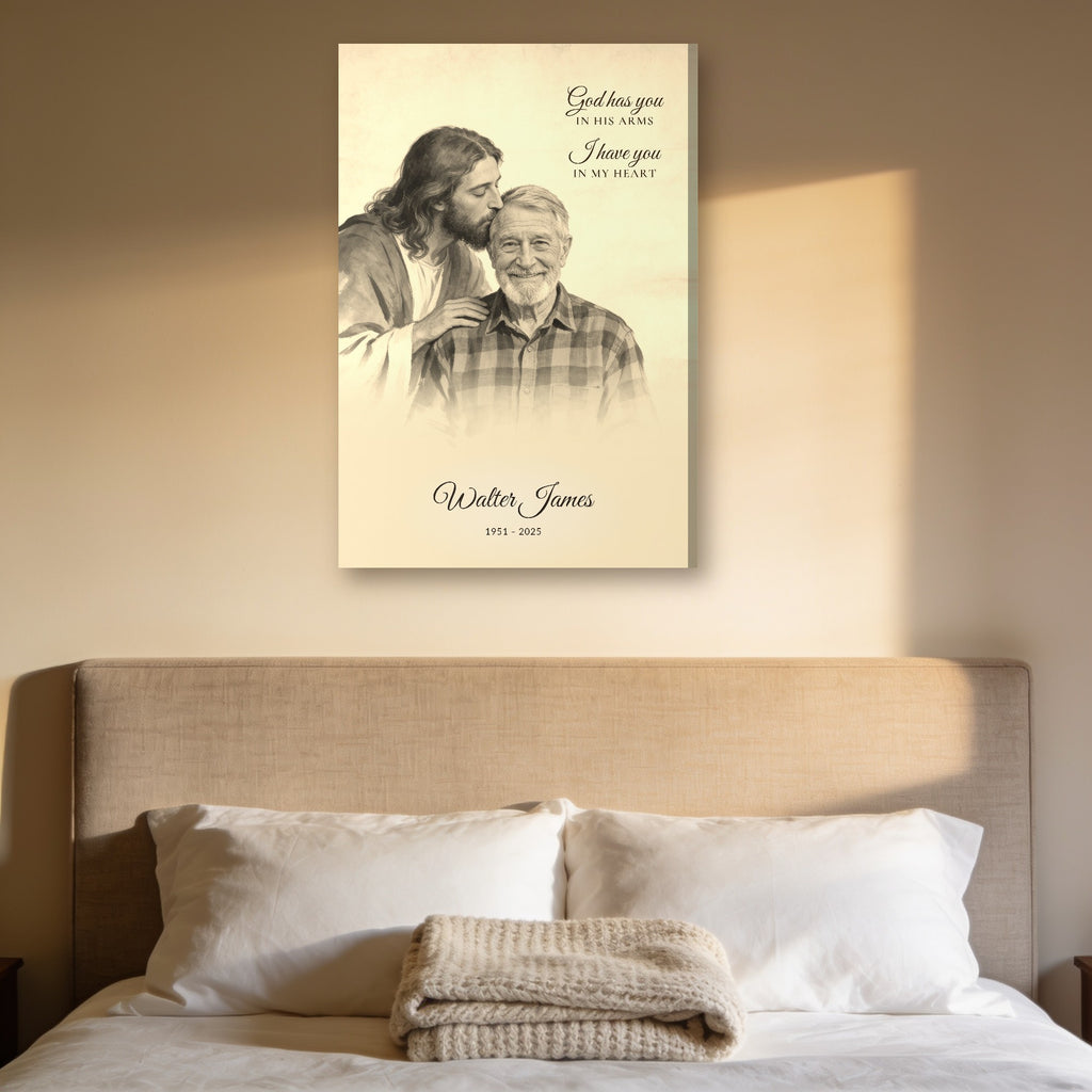 Sepia memorial portrait with name above a bed