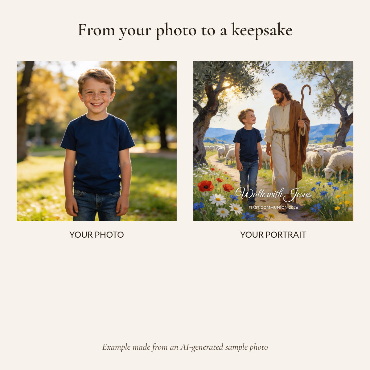 From your photo to a personalized portrait, example made from an AI-generated sample photo