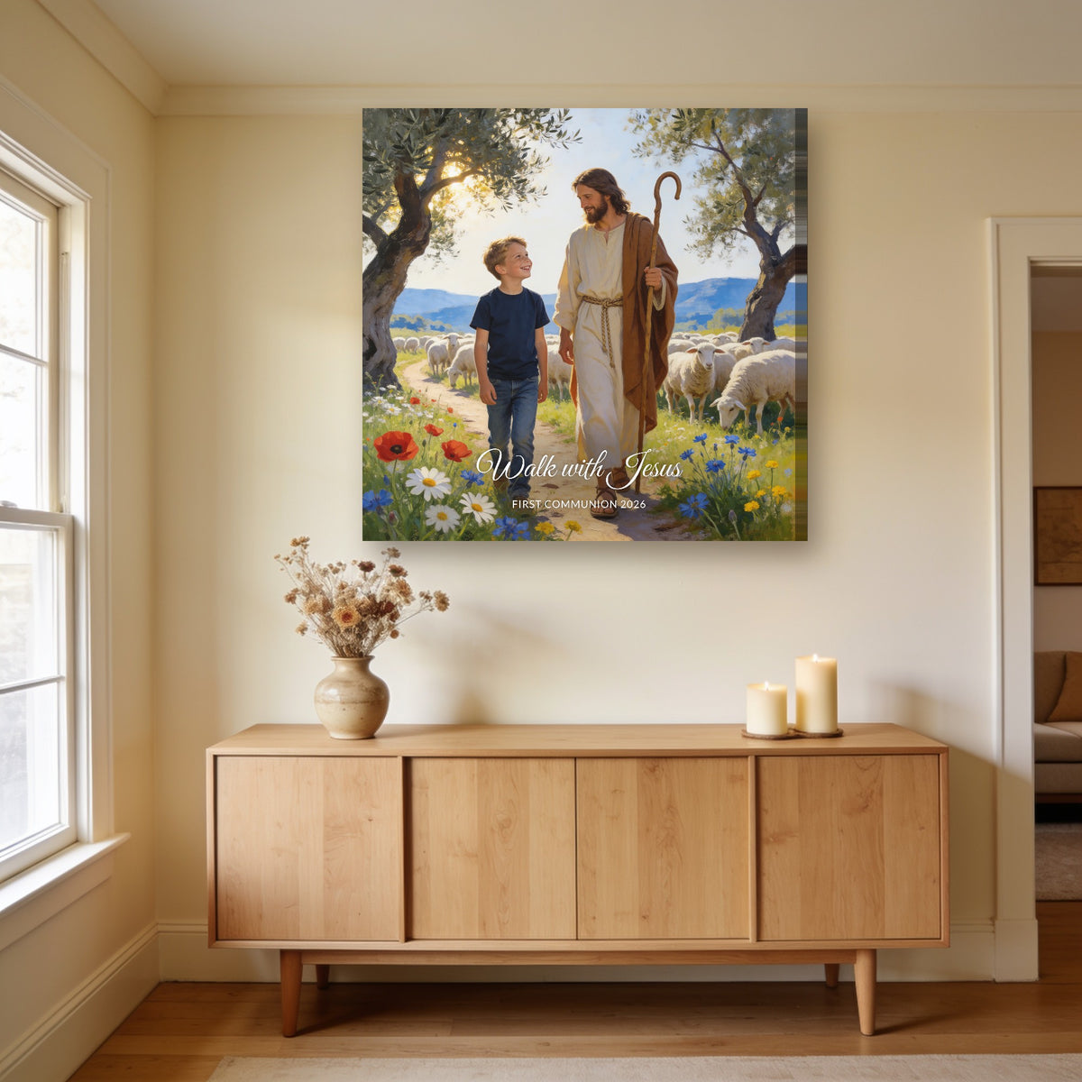 Walk with Jesus first communion portrait on a living room wall